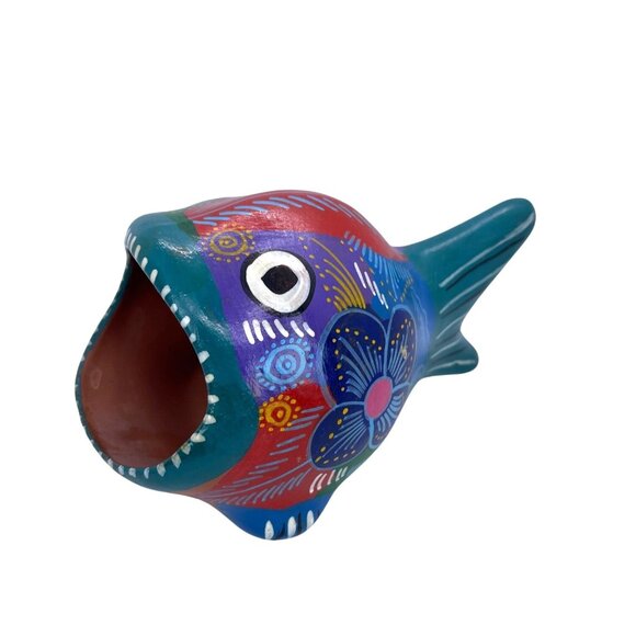 Mexican Folk Art Open Mouth Terra Cotta Fish Sponge Dish Hand Painted Blue VTG - Picture 1 of 10